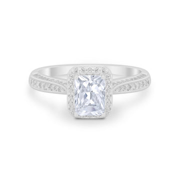 Vintage Emerald Cut Ring Round Simulated Cubic Zirconia 925 Sterling Silver